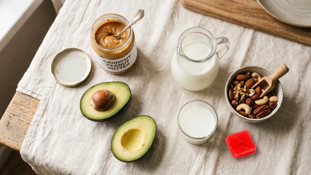 Peanut butter, avocado, whole milk and nuts arranged on a table next to a single gummy.