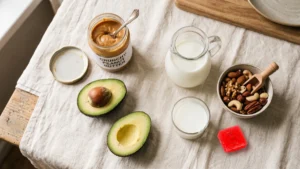 Peanut butter, avocado, whole milk and nuts arranged on a table next to a single gummy.