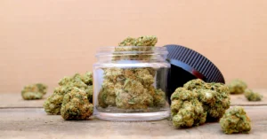 marijuana buds in an open jar centered