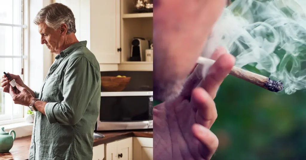 Older adult reviewing a medical cannabis tincture bottle alongside a close-up of a person smoking a cannabis preroll, illustrating different cannabis consumption methods
