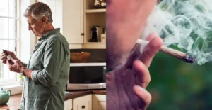 Older adult reviewing a medical cannabis tincture bottle alongside a close-up of a person smoking a cannabis preroll, illustrating different cannabis consumption methods