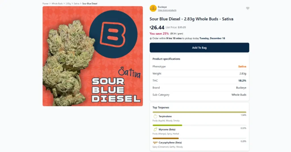 Ohio dispensary menu page displaying Sour Blue Diesel cannabis flower with price, THC percentage, terpene profile, and strain details