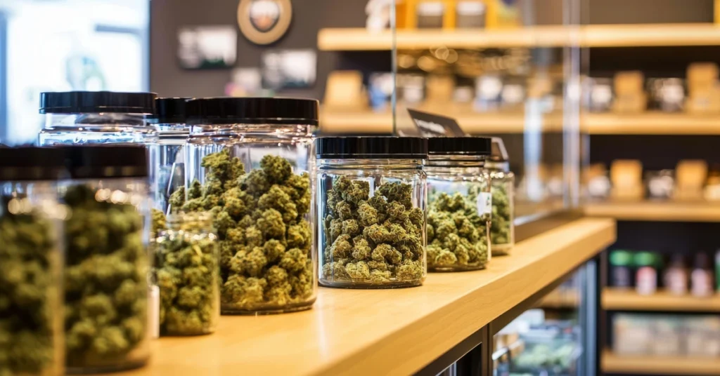 Different kinds of cannabis flower stores in glass jars for maximum freshness