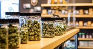 Different kinds of cannabis flower stores in glass jars for maximum freshness