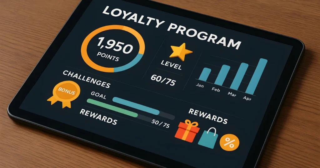 tablet showing a loyalty program and rewards profile displaying total points and achievements