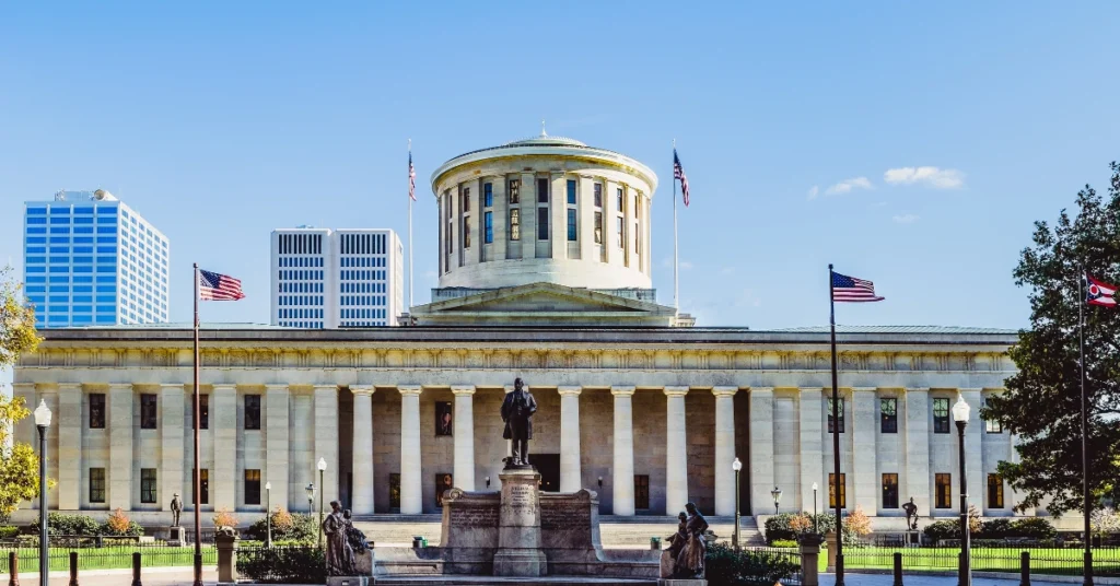 The Ohio Statehouse in Columbus, where lawmakers approved the release of long-delayed cannabis tax revenue to local municipalities.