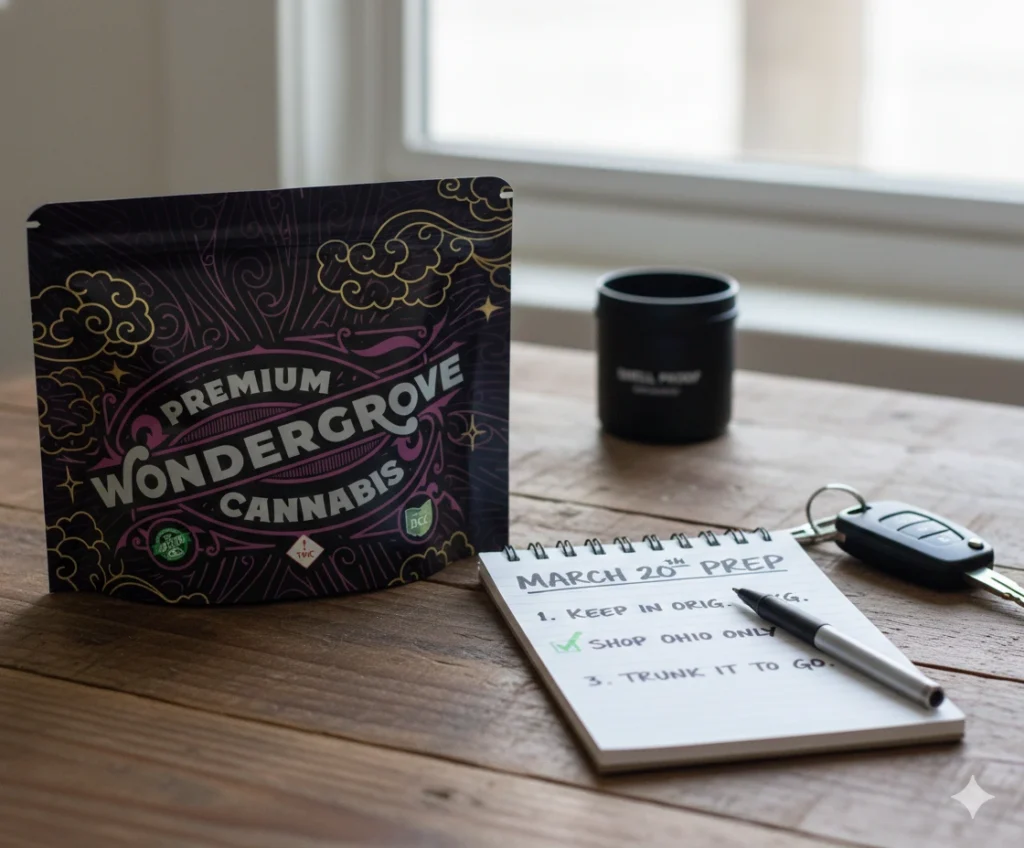 A compliance checklist for Ohio Senate Bill 56 showing legal cannabis packaging and car keys to illustrate new driving and possession rules.