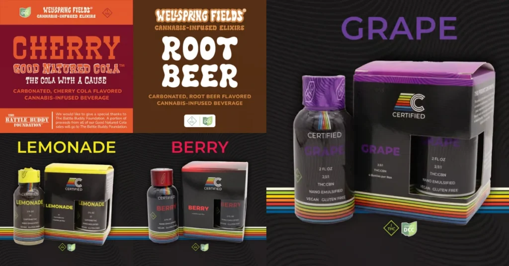 ohio thc drinks by certified cultivators grape, berry, lemonade in black packaging and Wellspring fields cherry cola and root beer soda