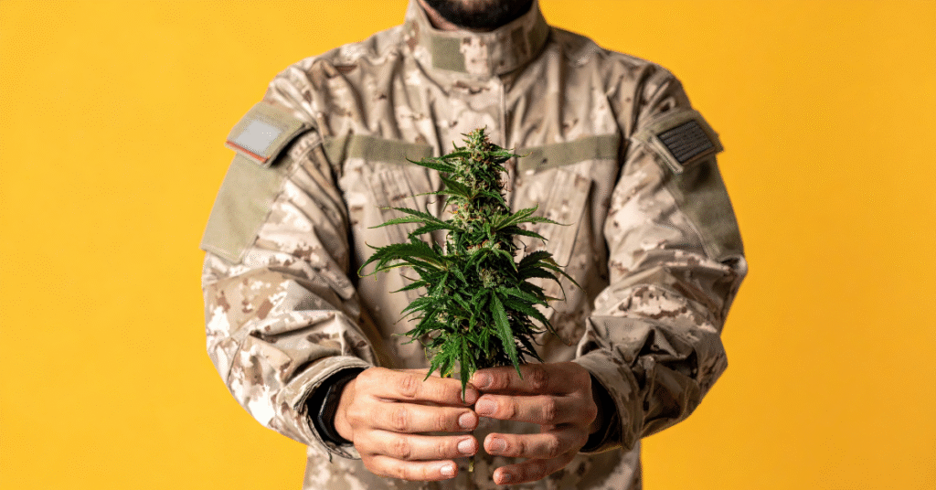 Veteran holding cannabis plant proudly.