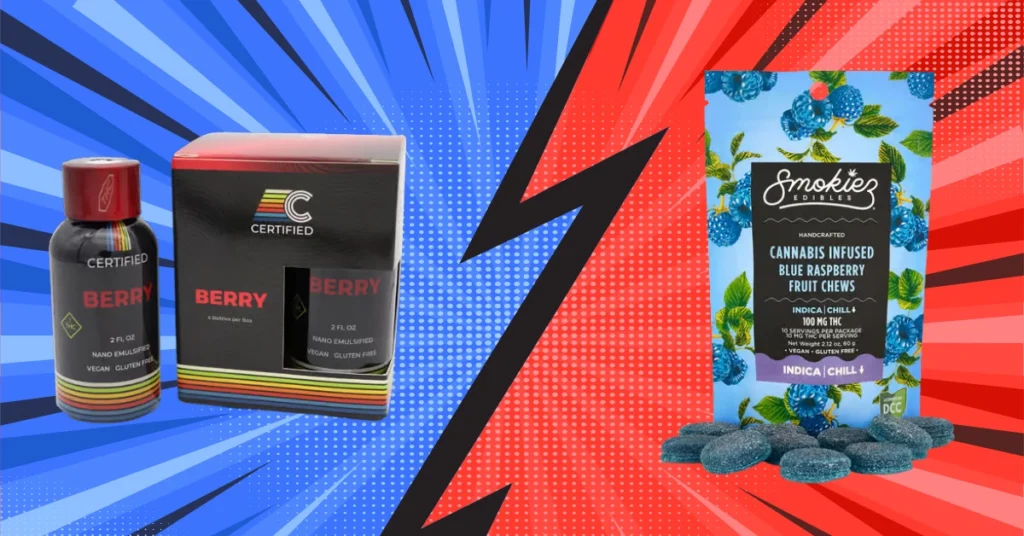 certified cultivators and smokiez Ohio cannabis drink and edible in front of a blue and red background