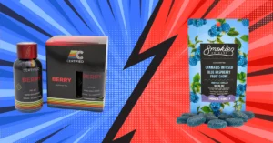 certified cultivators and smokiez Ohio cannabis drink and edible in front of a blue and red background