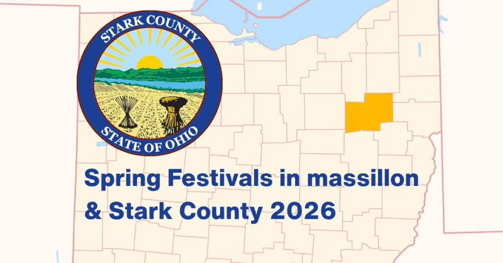 Map highlighting Stark County, Ohio annoucing festivals in Massillon and nearby areas of Canton, North Canton, Green, Navarre, Louisville, and Alliance
