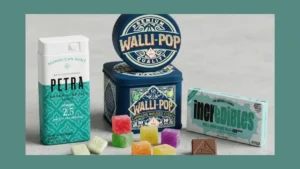 Assorted cannabis edible gummies and chews arranged on counter