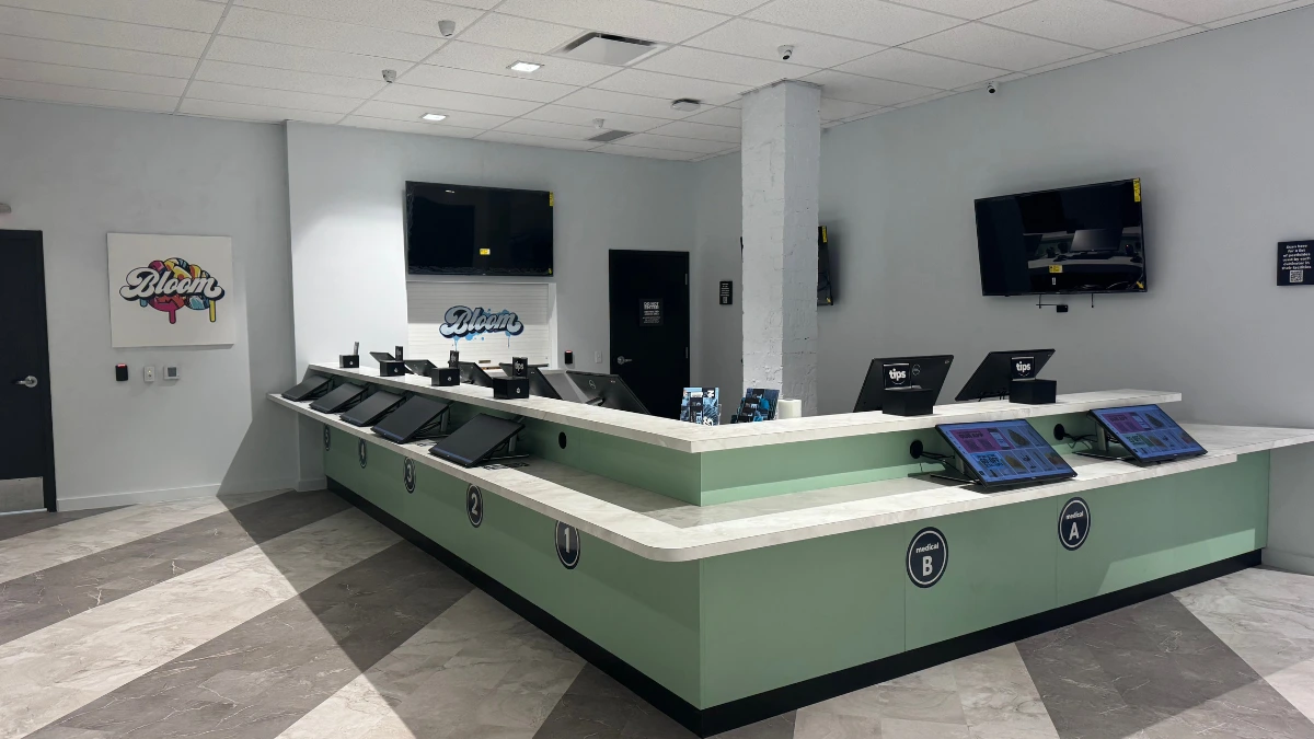 Interior of Bloom cannabis Athens, Ohio dispensary register area