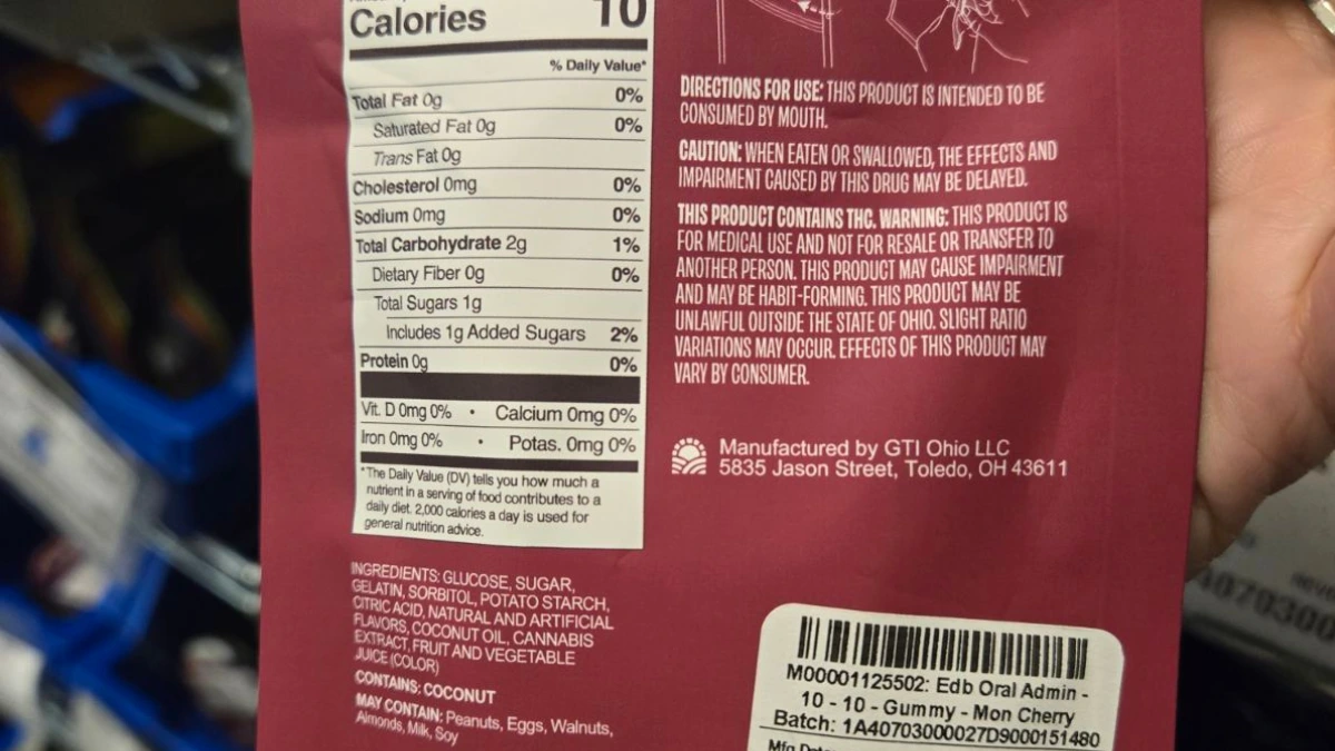 Cannabis edible package displayed next to its product label showing ingredient list and nutrition information.