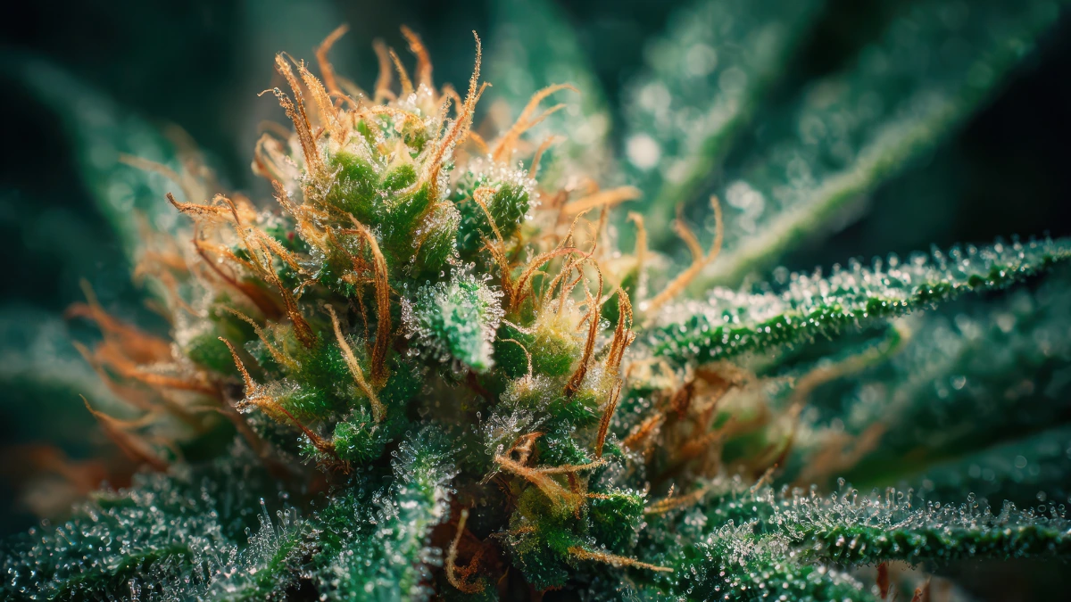 Close-up of cannabis flower buds with visible trichomes in bright natural light.