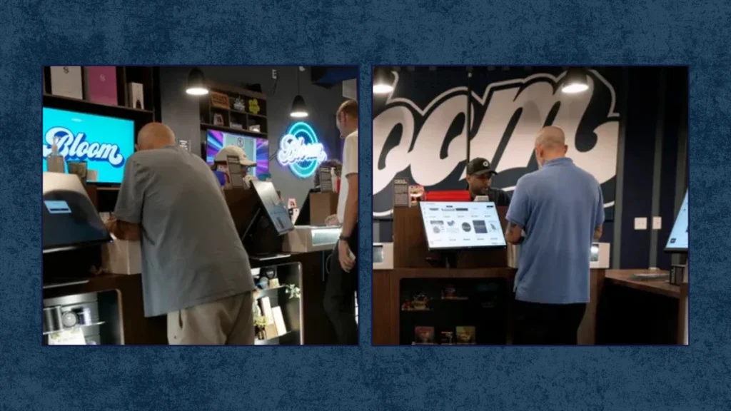 A budtender helping a customer choose a cannabis product for sleep at a dispensary counter.