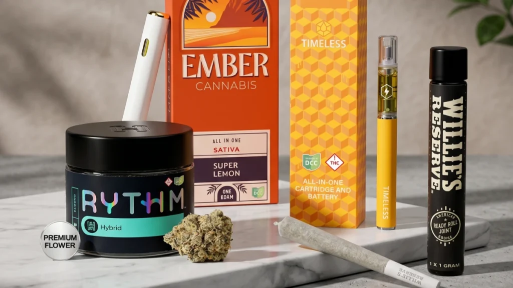Assorted cannabis products arranged side by side, including flower, a vape cartridge, a preroll, and an edible.