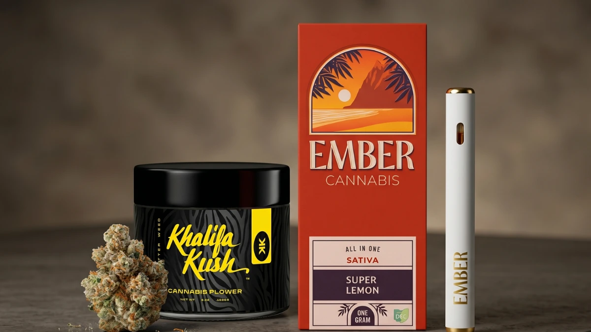 Khalifa Kush flower with an Ember vape cartridge.