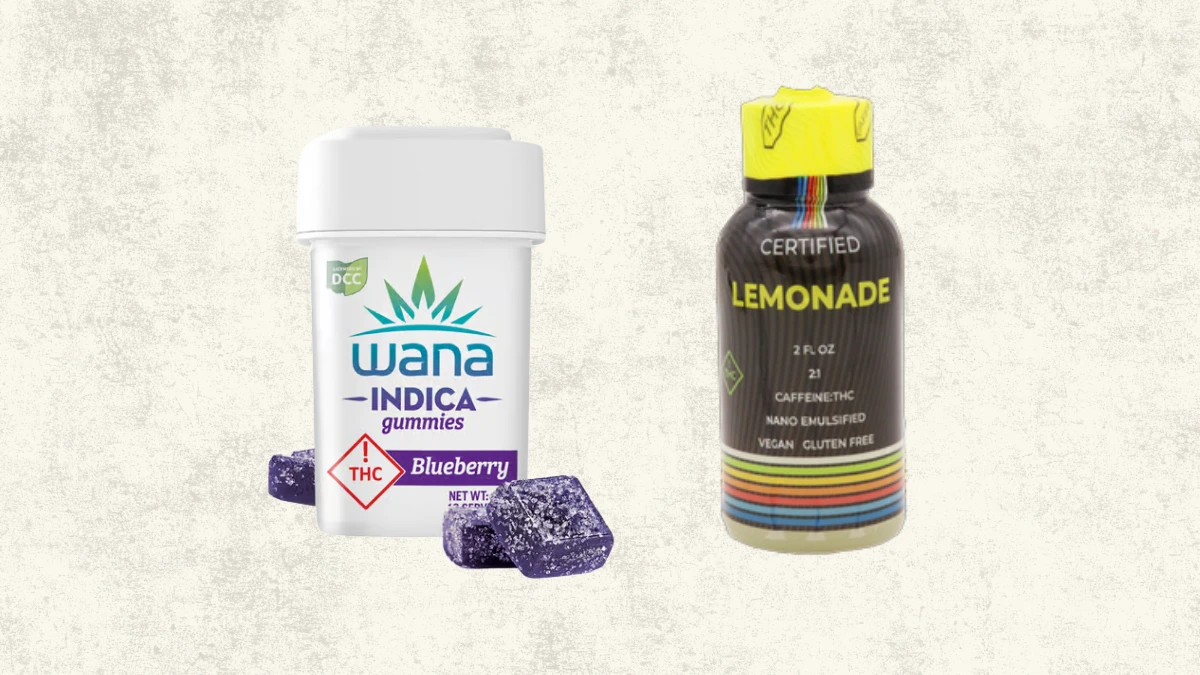 Cannabis gummies in a pack next to a chilled infused beverage.