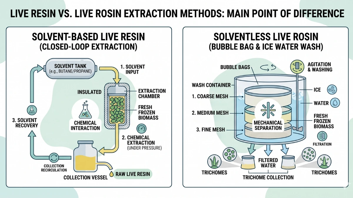 Illustration comparing live resin solvent extraction on the left with live rosin ice water extraction on the right.