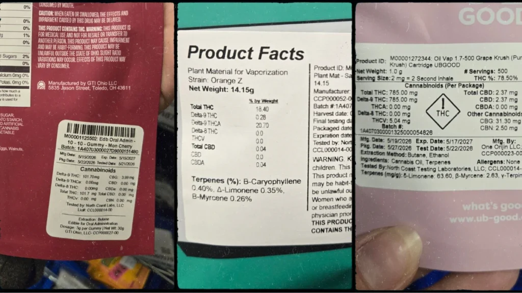Cannabis product labels for flower, edibles, and a vape cartridge displayed side by side.