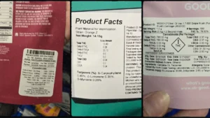 Cannabis product labels for flower, edibles, and a vape cartridge displayed side by side.