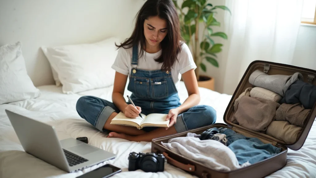 Traveler with an open travel bag on a bed beside a phone and camera