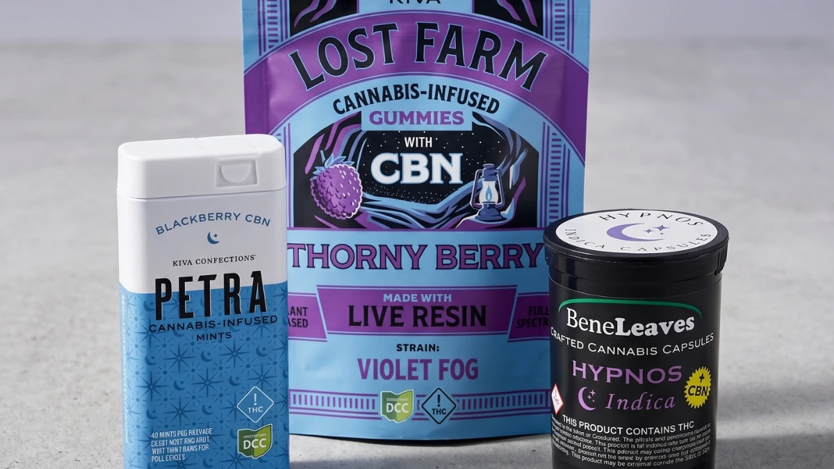 Different cannabis edible formats including gummies, mints, and capsules in a range of ratios.