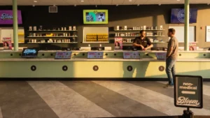 A budtender talking with a customer across a dispensary counter.