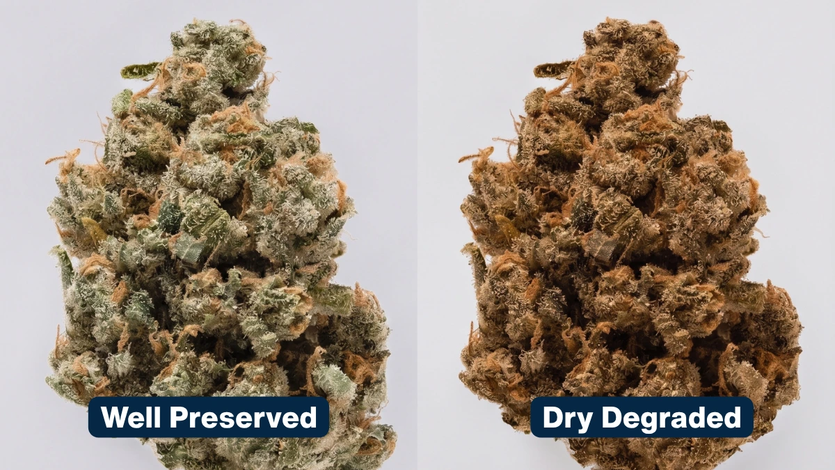 Side-by-side comparison of well-preserved cannabis flower and degraded brown flower.