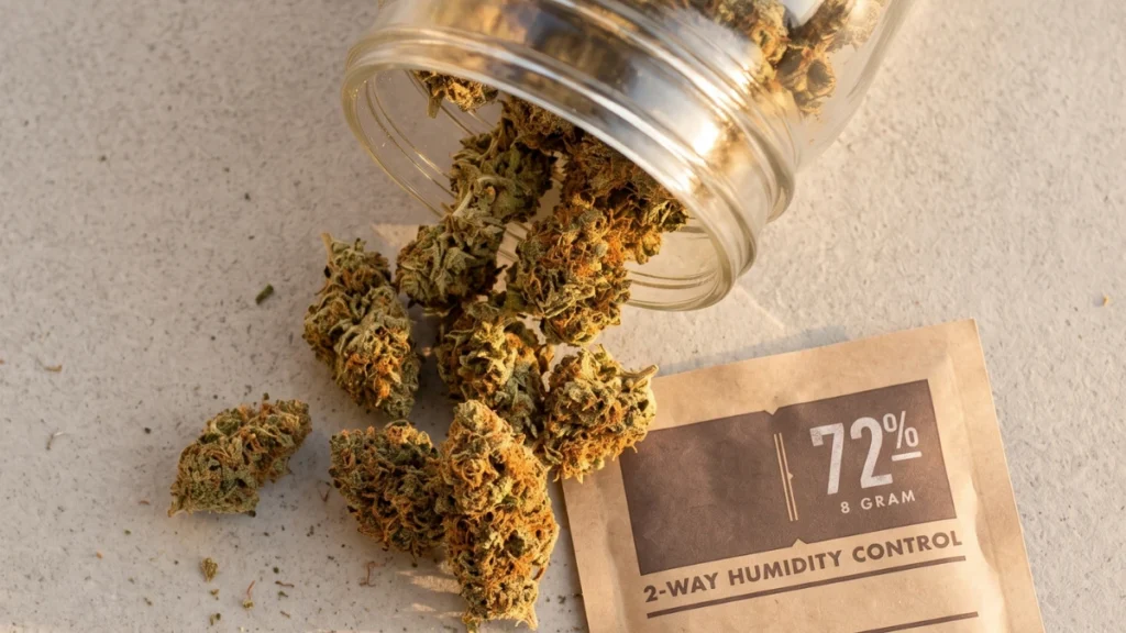 Dry cannabis flower beside an open glass storage jar and a two-way humidity pack